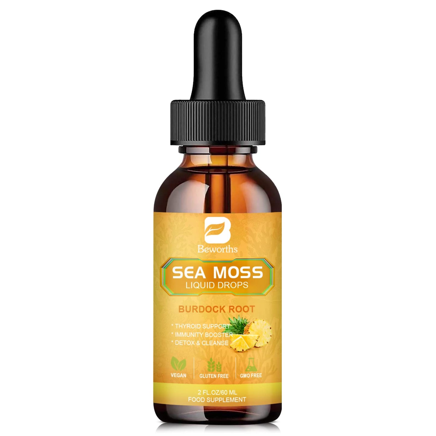 B BEWORTHS Sea Moss Liquid Drops - Organic Irish Sea Moss Gel with Burdock Root Supplement, Seamoss Gel for Immune Support, Joint & Thyroid Support, Detox Cleanse & Digestion Support