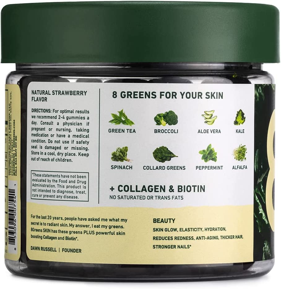 8Greens Skin Gummies with Collagen & Biotin - for Healthy Skin, Hair, and Nails, Made with Real Greens, Superfood Booster - Strawberry Flavored, 50 Vegan Gummies, Pack of 4