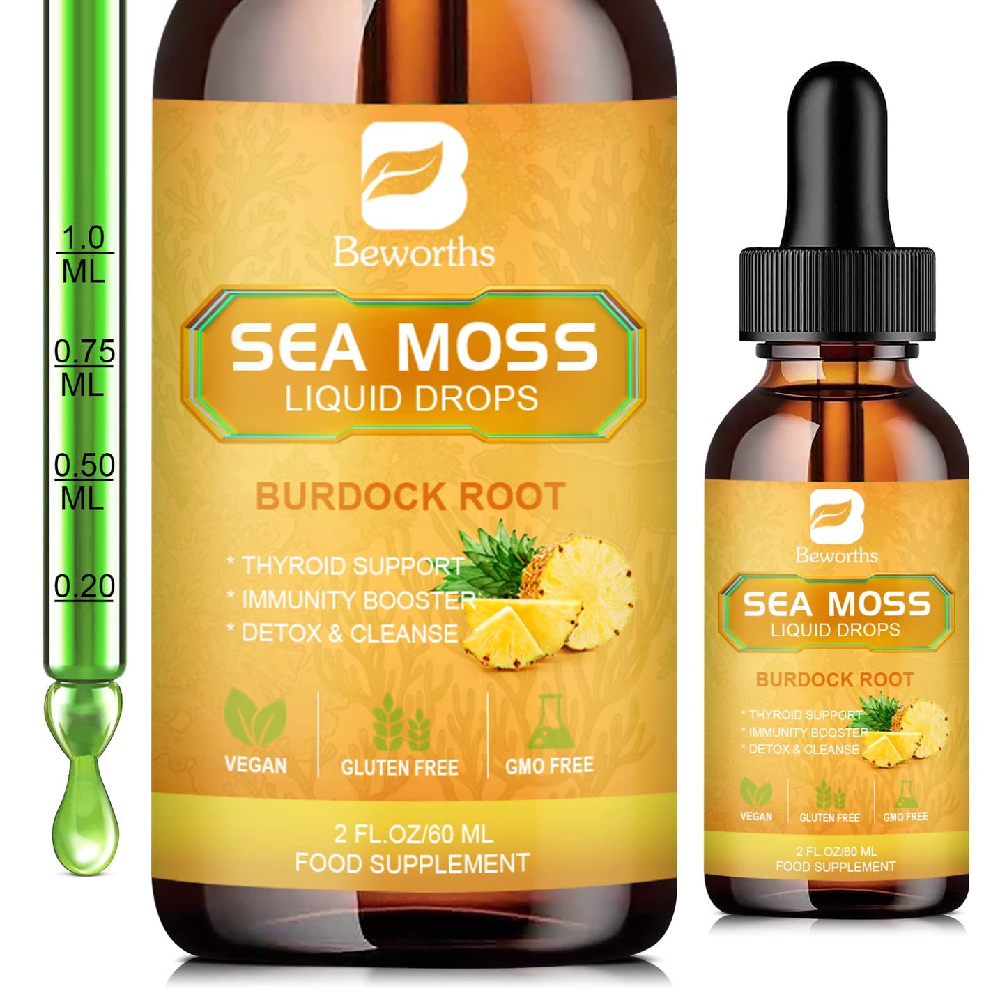 B BEWORTHS Sea Moss Liquid Drops - Organic Irish Sea Moss Gel with Burdock Root Supplement, Seamoss Gel for Immune Support, Joint & Thyroid Support, Detox Cleanse & Digestion Support