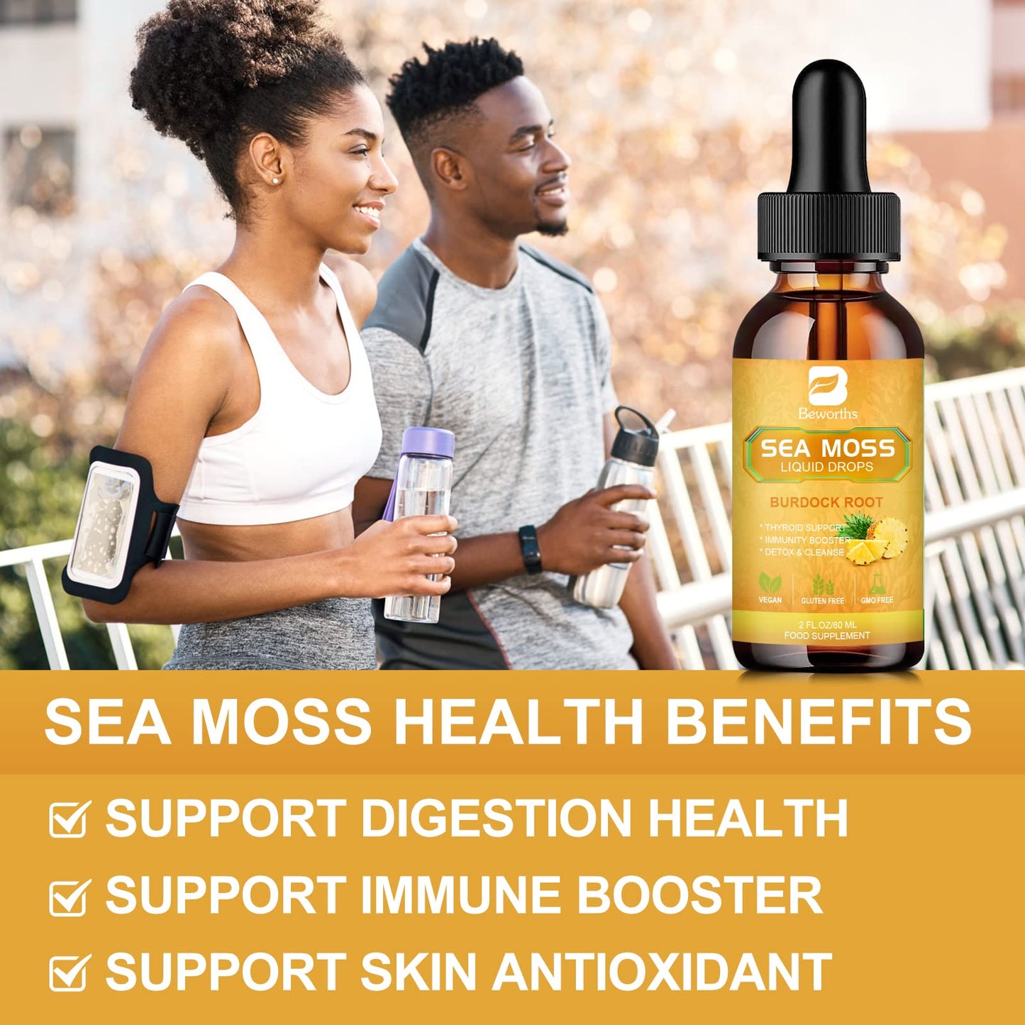 B BEWORTHS Sea Moss Liquid Drops - Organic Irish Sea Moss Gel with Burdock Root Supplement, Seamoss Gel for Immune Support, Joint & Thyroid Support, Detox Cleanse & Digestion Support