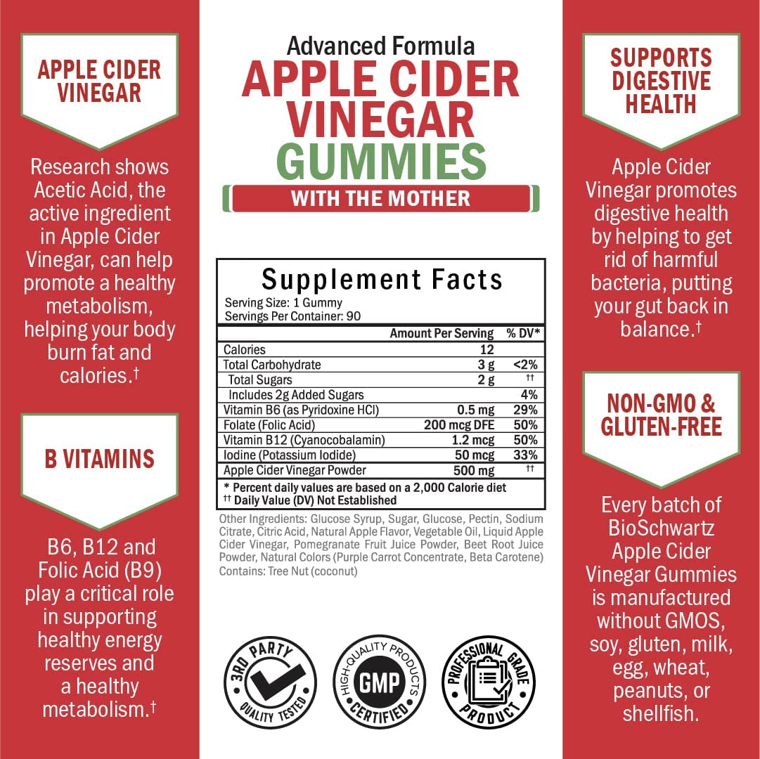 Apple Cider Vinegar Gummies for Weight Loss - ACV Gummies with The Mother for Women & Men - Energy Boost Bloat Digestive & Immune Support - Vitamin B12 B6 B 9 Folic Acid - Vegan Detox Cleanse -90Ct