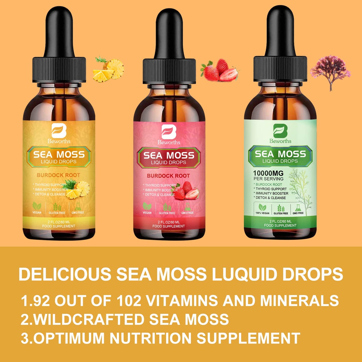 B BEWORTHS Sea Moss Liquid Drops - Organic Irish Sea Moss Gel with Burdock Root Supplement, Seamoss Gel for Immune Support, Joint & Thyroid Support, Detox Cleanse & Digestion Support