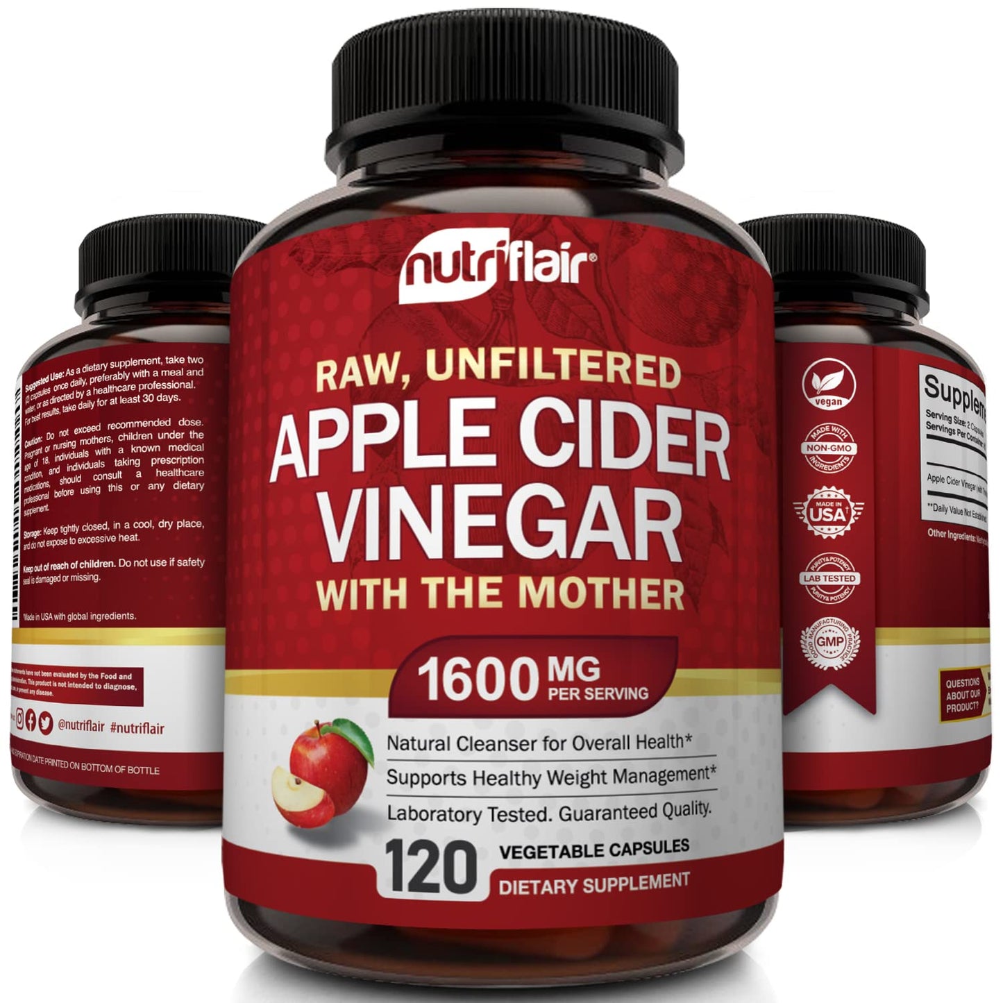 Apple Cider Vinegar Capsules with The Mother - 120 Vegan ACV Pills - Best Supplement for Healthy Weight Loss, Diet, Keto, Digestion, Detox, Immune - Powerful Cleanser & Appetite Suppressant Non-GMO