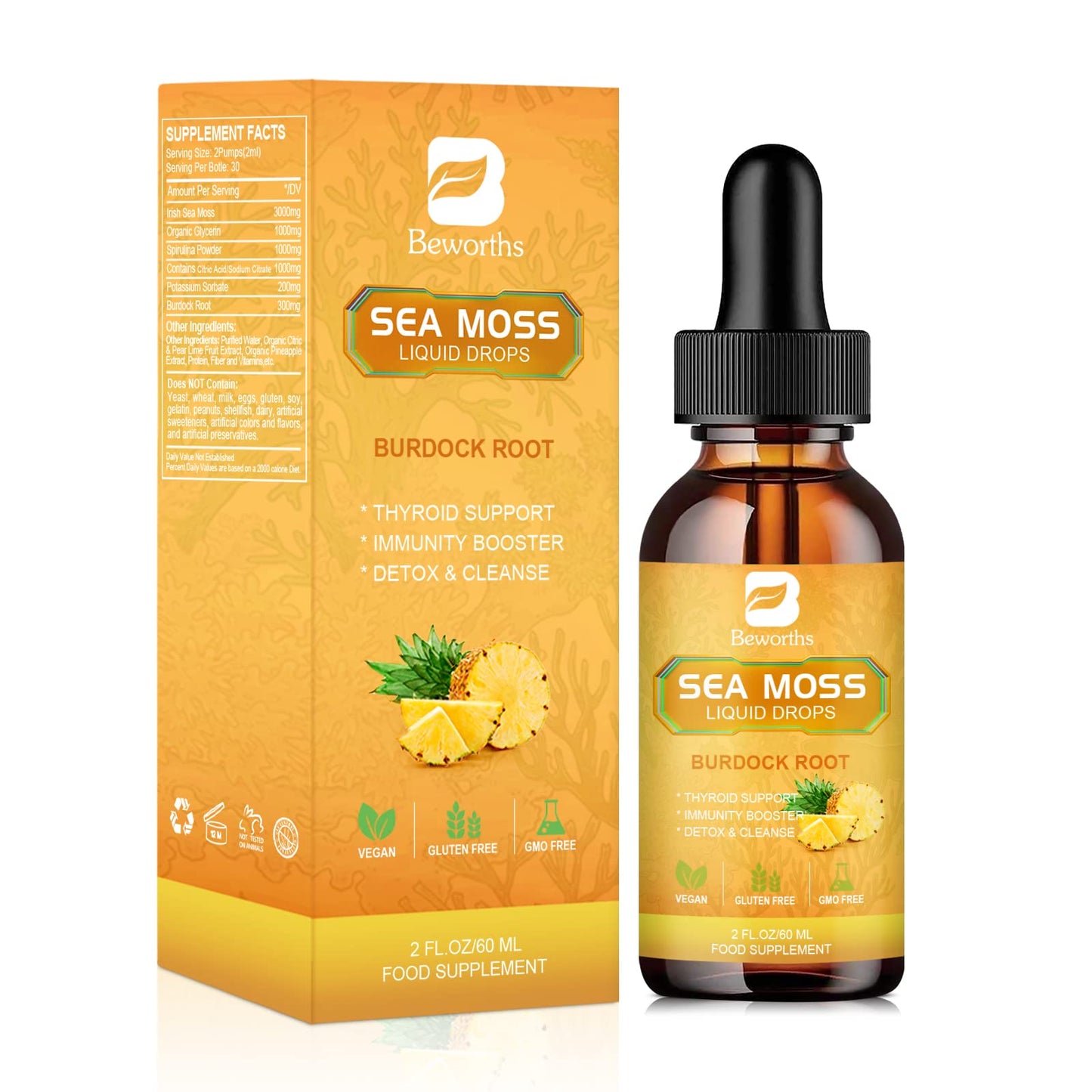 B BEWORTHS Sea Moss Liquid Drops - Organic Irish Sea Moss Gel with Burdock Root Supplement, Seamoss Gel for Immune Support, Joint & Thyroid Support, Detox Cleanse & Digestion Support