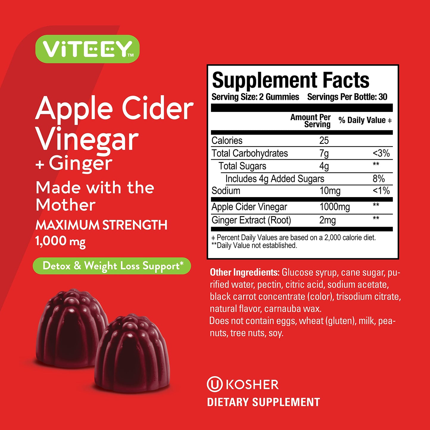 Apple Cider Vinegar Gummies Maximum Strength 1,000mg Plus Ginger, ACV With The Mother Dietary Supplement, Supports Immune Health, Detox, Cleanse, Weight loss & Digestion-Pectin Gummy [60 Count-2 Pack]