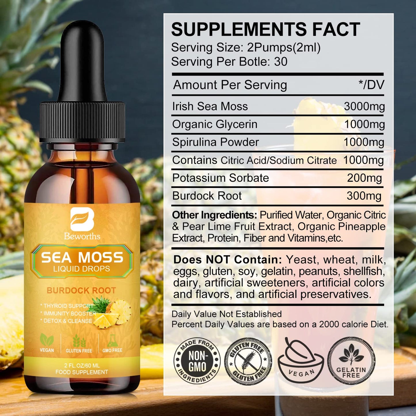 B BEWORTHS Sea Moss Liquid Drops - Organic Irish Sea Moss Gel with Burdock Root Supplement, Seamoss Gel for Immune Support, Joint & Thyroid Support, Detox Cleanse & Digestion Support