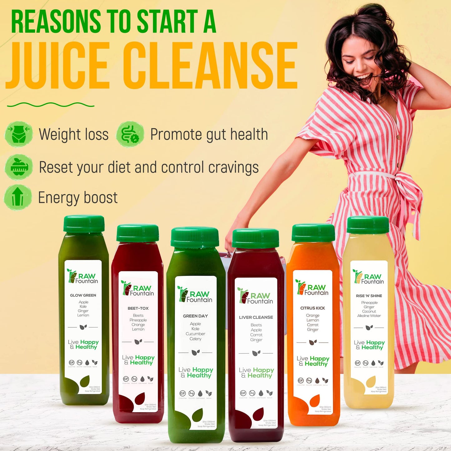 7 Day Juice Cleanse by Raw Fountain, All Natural Raw Detox Cleanse, Weight Management Program, Cold Pressed Fruit and Vegetable Juice, Tasty and Energizing, 42 Bottle 12oz, 7 Ginger Shots