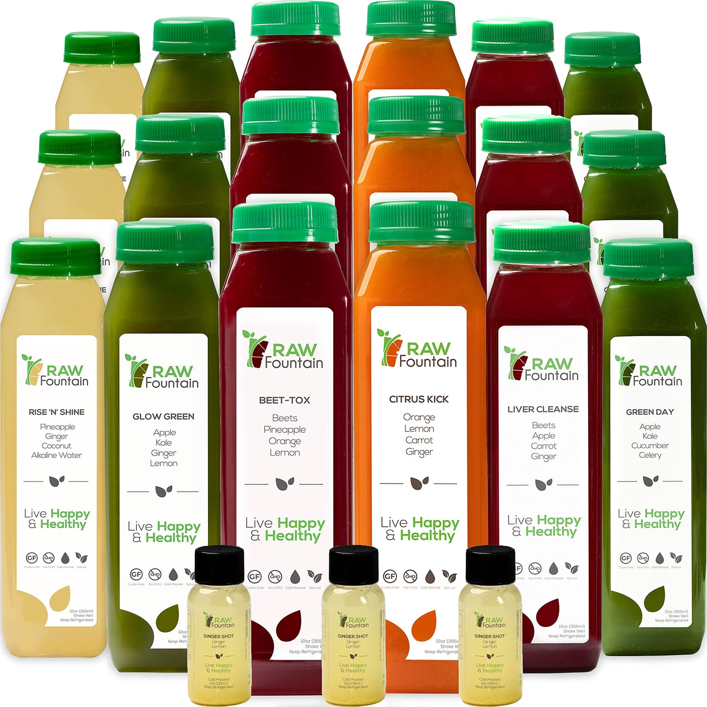 7 Day Juice Cleanse by Raw Fountain, All Natural Raw Detox Cleanse, Weight Management Program, Cold Pressed Fruit and Vegetable Juice, Tasty and Energizing, 42 Bottle 12oz, 7 Ginger Shots